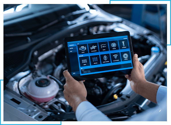 Car Service Manager or Mechanic Uses a Tablet Computer with a Futuristic Interactive Diagnostics Software